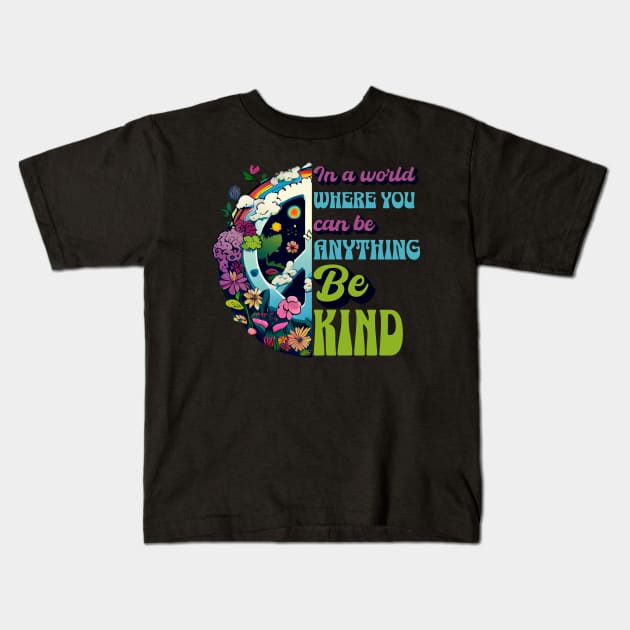 In a World Where You Can Be Anything Be Kind - Peace Hippie Flowers Earth Kids T-Shirt by Unified by Design